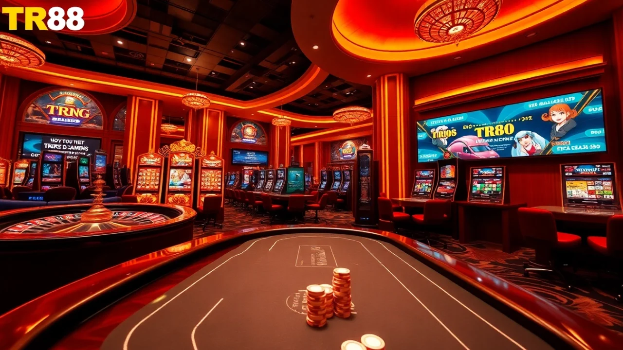 Exciting gaming action at Trang Chủ TR88, featuring roulette, cards, and vibrant casino lights.