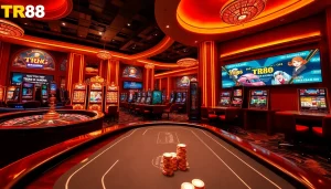 Exciting gaming action at Trang Chủ TR88, featuring roulette, cards, and vibrant casino lights.