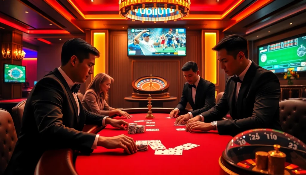 Exciting poker scene with 'luong son tv' sports screen highlights thrilling gameplay in luxury casino setting.