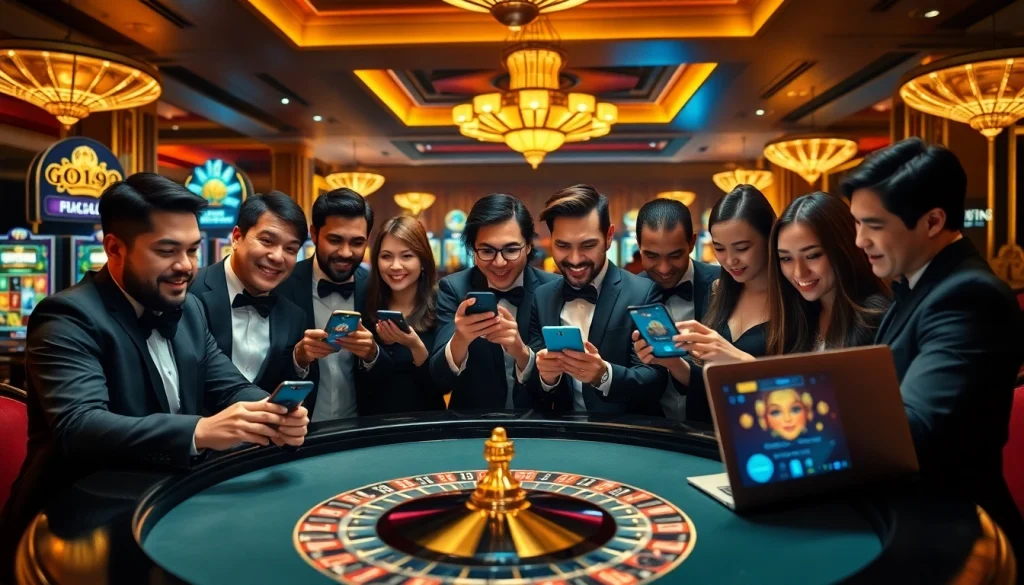 Excited players engaging with online gambling at Nhà cái GO99, showcasing vibrant casino elements.