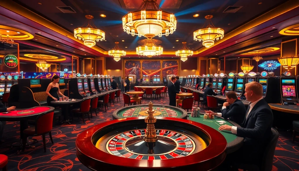 Exciting casino atmosphere with players at a poker table showcasing 79king's thrilling games.