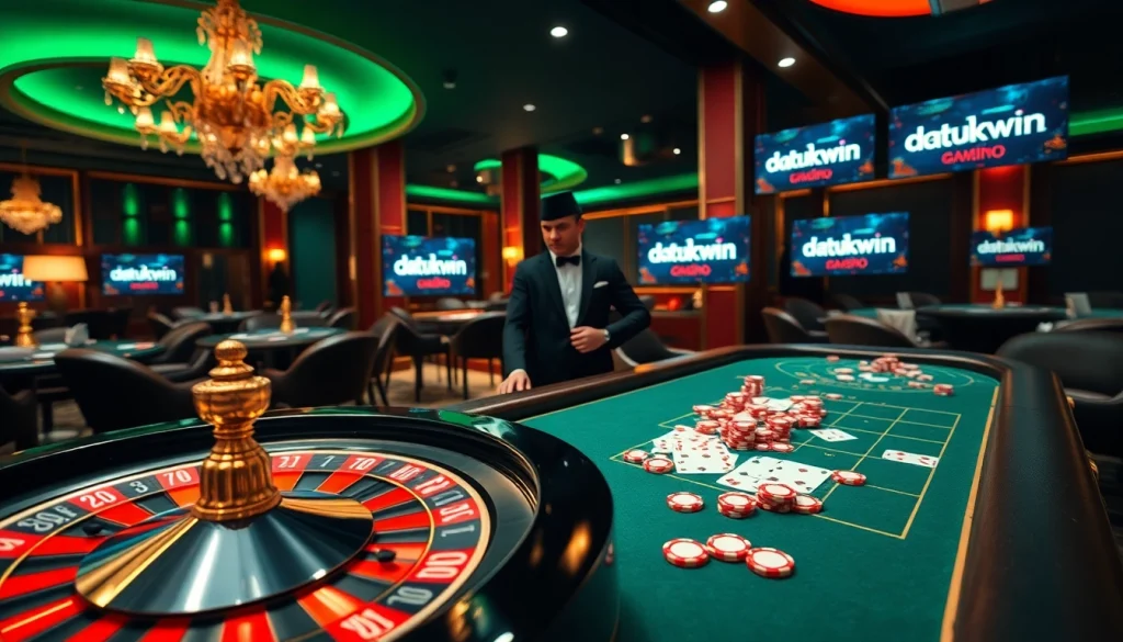 Adegan menarik di kasino mewah dengan permainan roulette dan poker yang menampilkan elemen datukwin untuk meningkatkan sensasi.