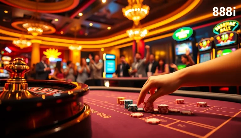 A player engages with a poker table at 88i casino, showcasing colorful chips and exciting gameplay.