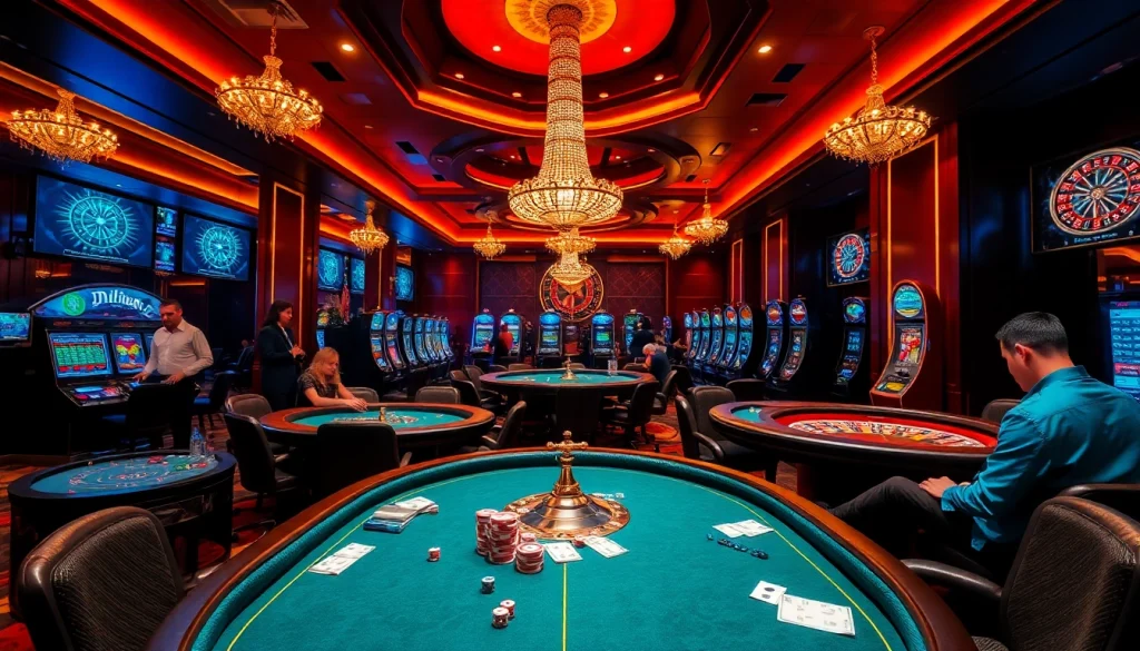 Exciting casino scene with DH88 Đăng nhập at vibrant poker tables and slot machines.