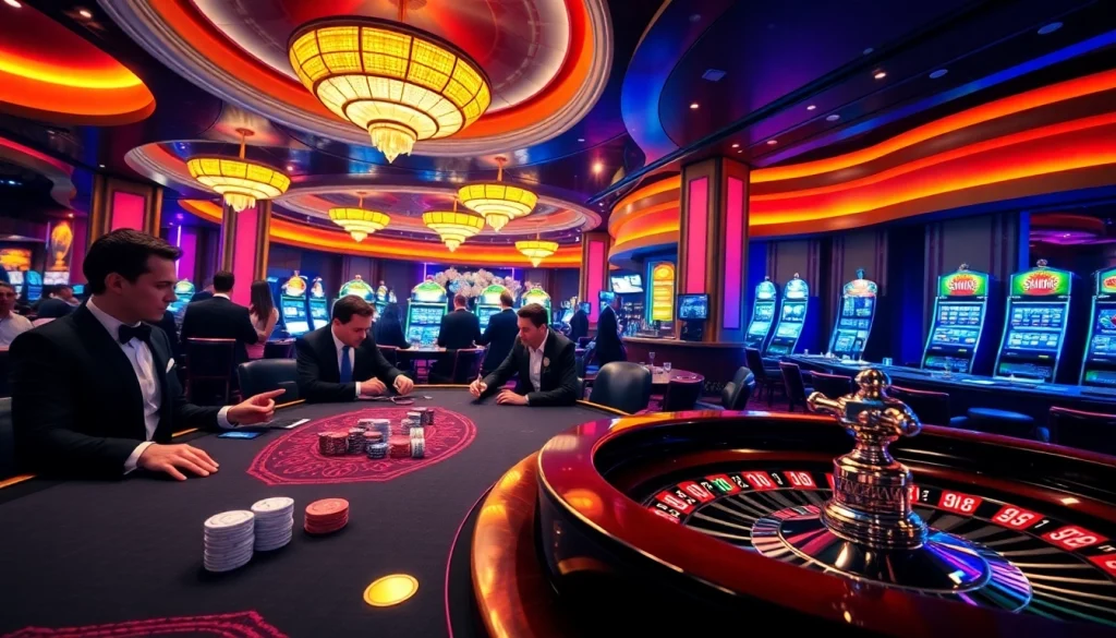 Engaging players at a poker table and spinning roulette wheel in a luxurious casino setting at https://fun793.org/.
