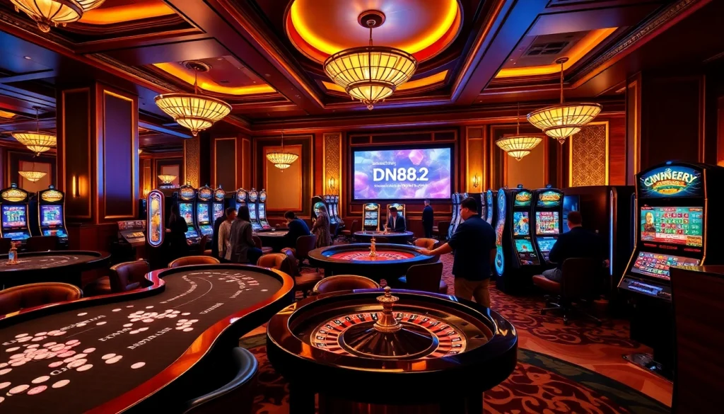 Experience thrilling gameplay at https://dn882.pro/ with vibrant casino tables and spinning roulette wheels.