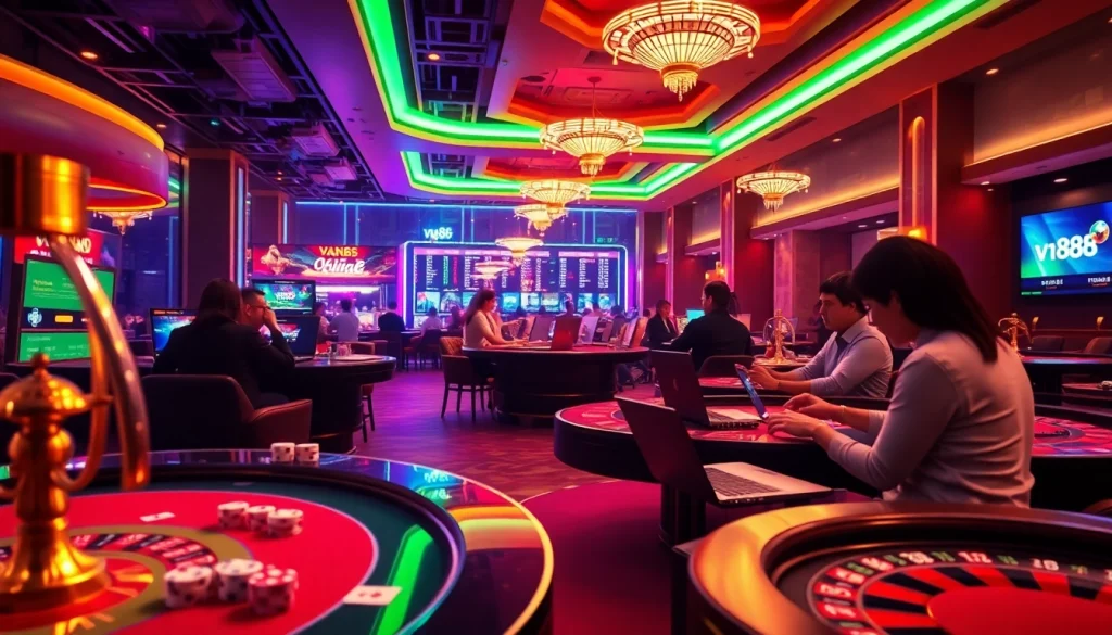 Engage in thrilling vn88 online gambling action at a luxurious virtual casino featuring vibrant gaming tables and players.