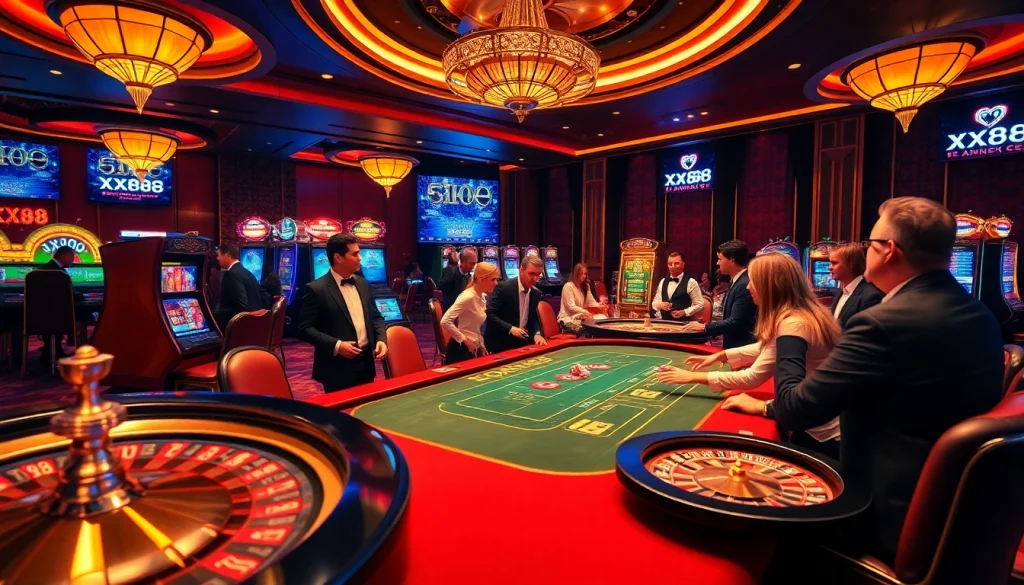 Experience a thrilling gaming atmosphere at xx88 with vibrant casino tables and engaging online visuals.