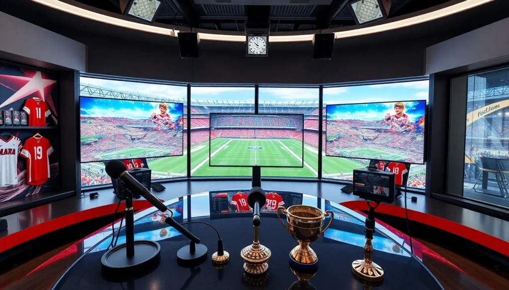 Engaging scene of Sports Broadcasting set showcasing dynamic screens and sports memorabilia.