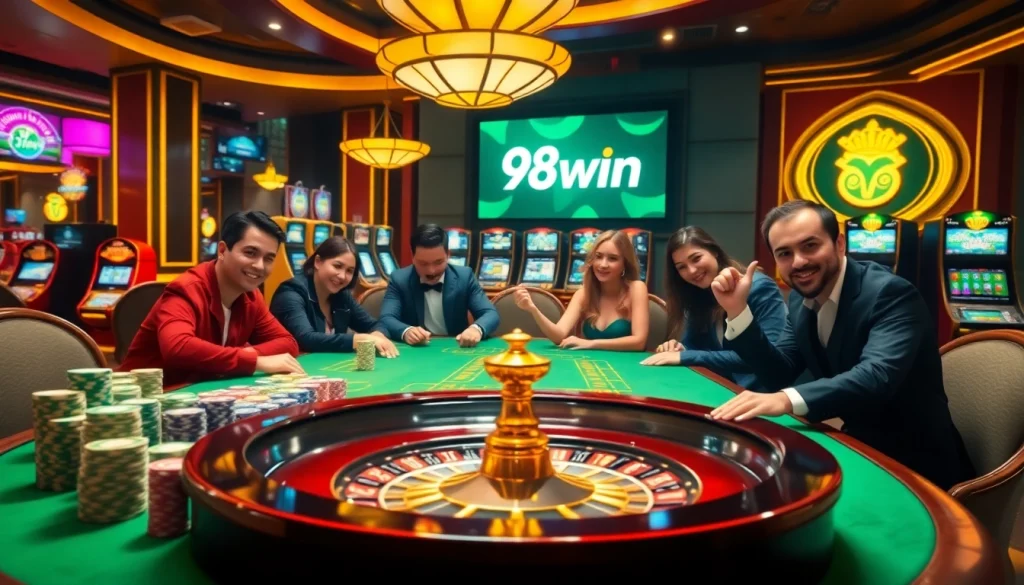 Exciting casino experience with 98Win logo, poker chips, and roulette wheel in a luxurious setting.