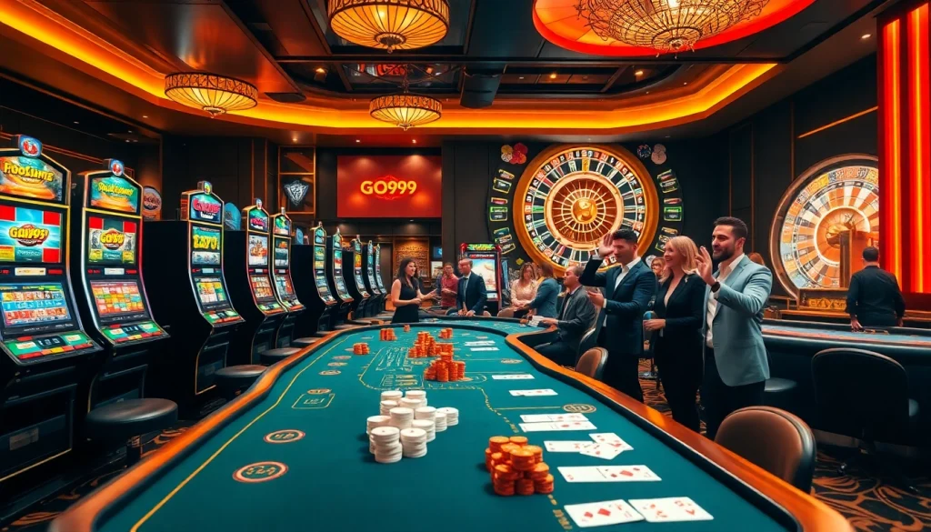 Exciting go99 game scene featuring vibrant slot machines and poker tables in a lively casino.
