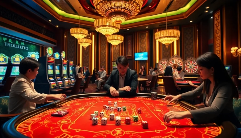 Tài Xỉu MD5 gaming table scene with excited players, dice, and betting chips.