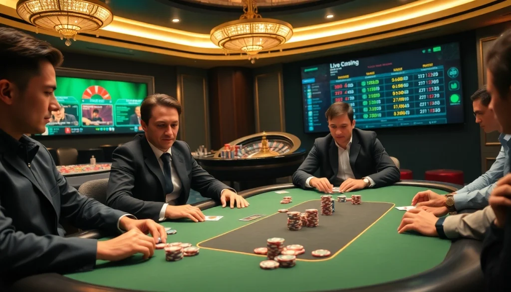 Players engaging in a high-stakes poker game at https://rr88co.net/ with vibrant colors and luxury ambiance.