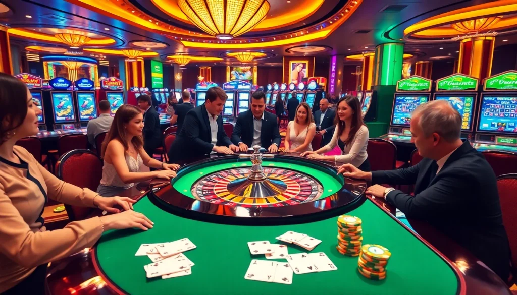 Players enjoying a thrilling game at 789win casino with roulette and slot machines.