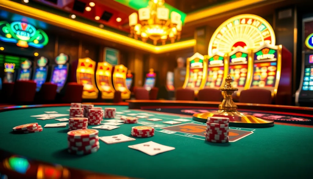 Engage in thrilling gameplay at https://bl555.black with a vibrant casino atmosphere showcasing cards and chips.