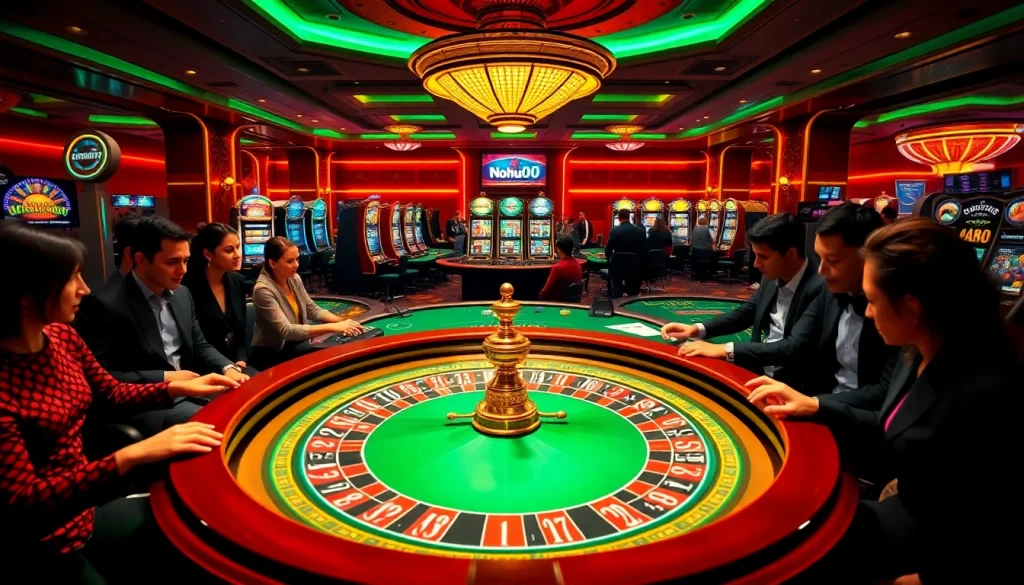 Players engaging in high-stakes games at a luxurious casino featuring nohu90 promotions.