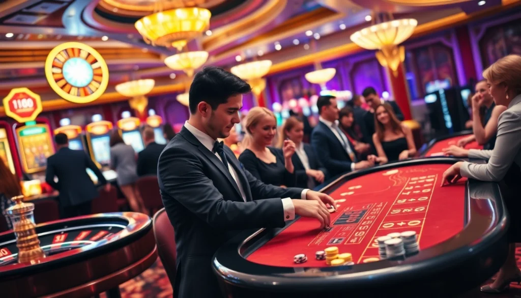 Experience high-stakes action at https://vj88.online/ with a dealer shuffling cards on a vibrant casino floor.