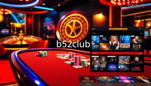 Bets being placed at the B52Club wiki online casino, featuring colorful poker chips, cards, and a roulette wheel.