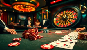 High-stakes poker table at 79king casino featuring vibrant chips and cards, showcasing luxury gambling.