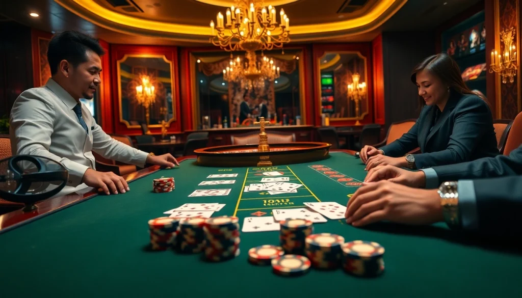 Experience the excitement of gambling with a luxurious table at King88, featuring professional poker players and a roulette wheel.