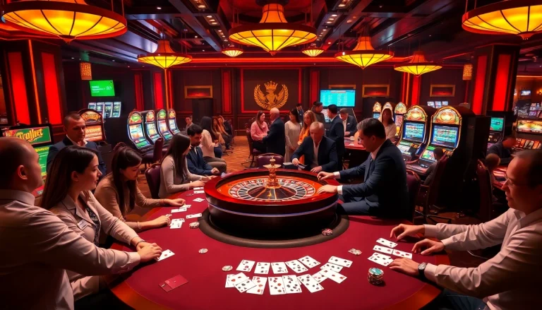Exciting gambling scene with players at a poker table and a prominent link kubet interface illuminated.